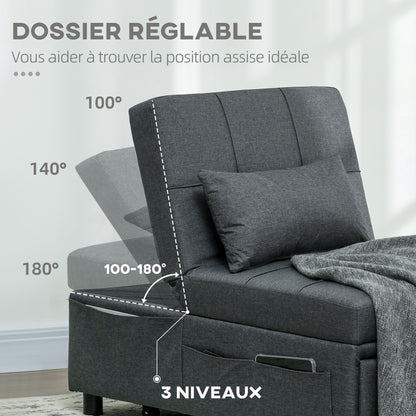 3-in-1 Convertible Single Armchair — Recliner, Ottoman & Single Sofa Bed, Adjustable Back, Padded Seat and Pillow, Gray