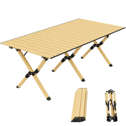 Camping Table 46.1 x 23.6 in – Aluminum Folding Table with Roll-Up Wood-Effect Top, Carry Bag, Waterproof, Lightweight, 66 lb Capacity – Oak
