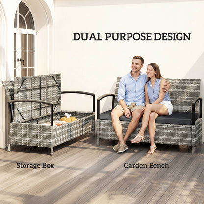2-Seater Garden Storage Bench with Cushion & Handles — 33 gal Outdoor Storage Box, Poly Rattan, Dark Gray (48.4 x 27.6 x 32.3 in)
