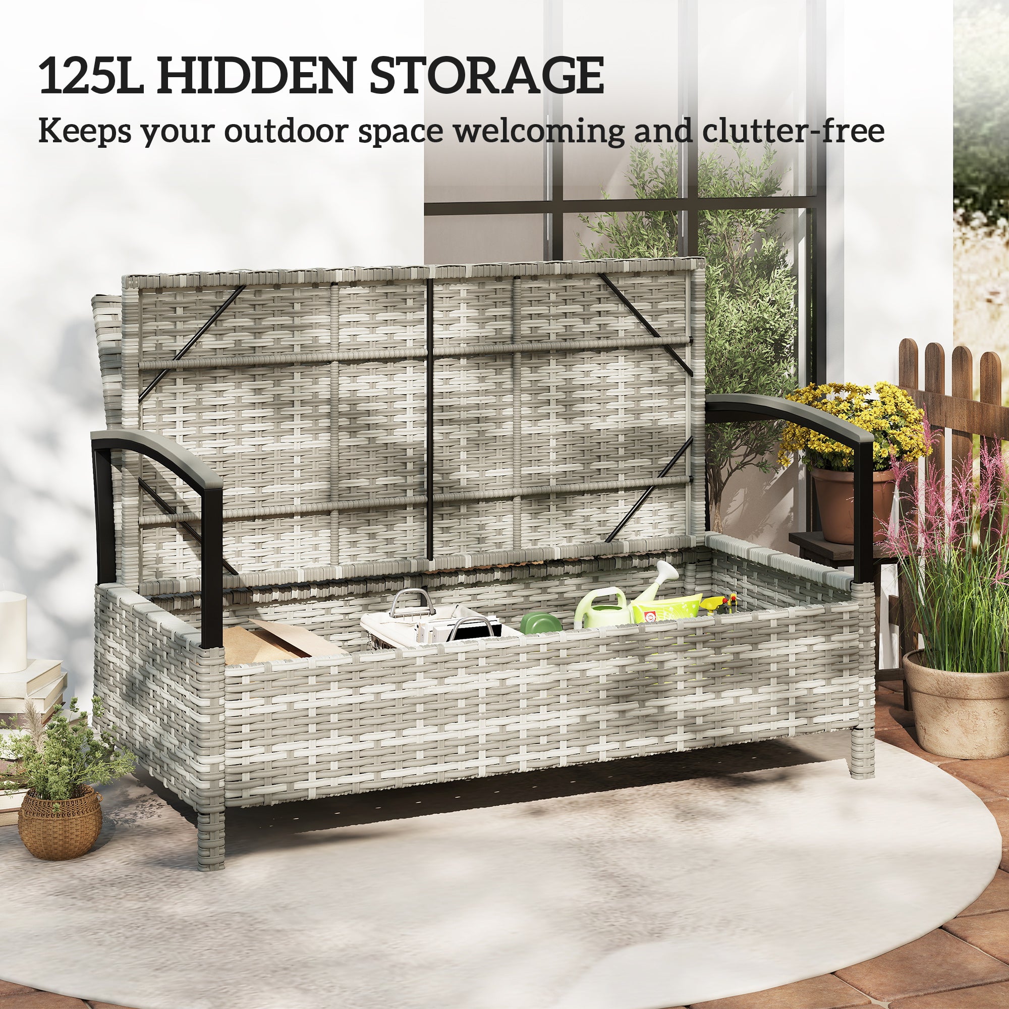 2-Seater Garden Storage Bench with Cushion & Handles — 33 gal Outdoor Storage Box, Poly Rattan, Dark Gray (48.4 x 27.6 x 32.3 in)