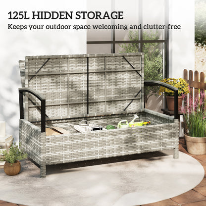 2-Seater Garden Storage Bench with Cushion & Handles — 33 gal Outdoor Storage Box, Poly Rattan, Dark Gray (48.4 x 27.6 x 32.3 in)