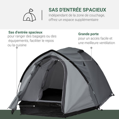Camping Tent for 2-3 Persons Waterproof Lightweight Ventilated Dome Tent Easy to Assemble 2 Doors Windows Dimensions 3.25L x 1.83W x 1.3H m Fiberglass Polyester PE Gray