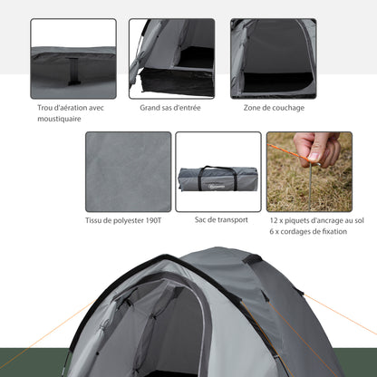 Camping Tent for 2-3 Persons Waterproof Lightweight Ventilated Dome Tent Easy to Assemble 2 Doors Windows Dimensions 3.25L x 1.83W x 1.3H m Fiberglass Polyester PE Gray