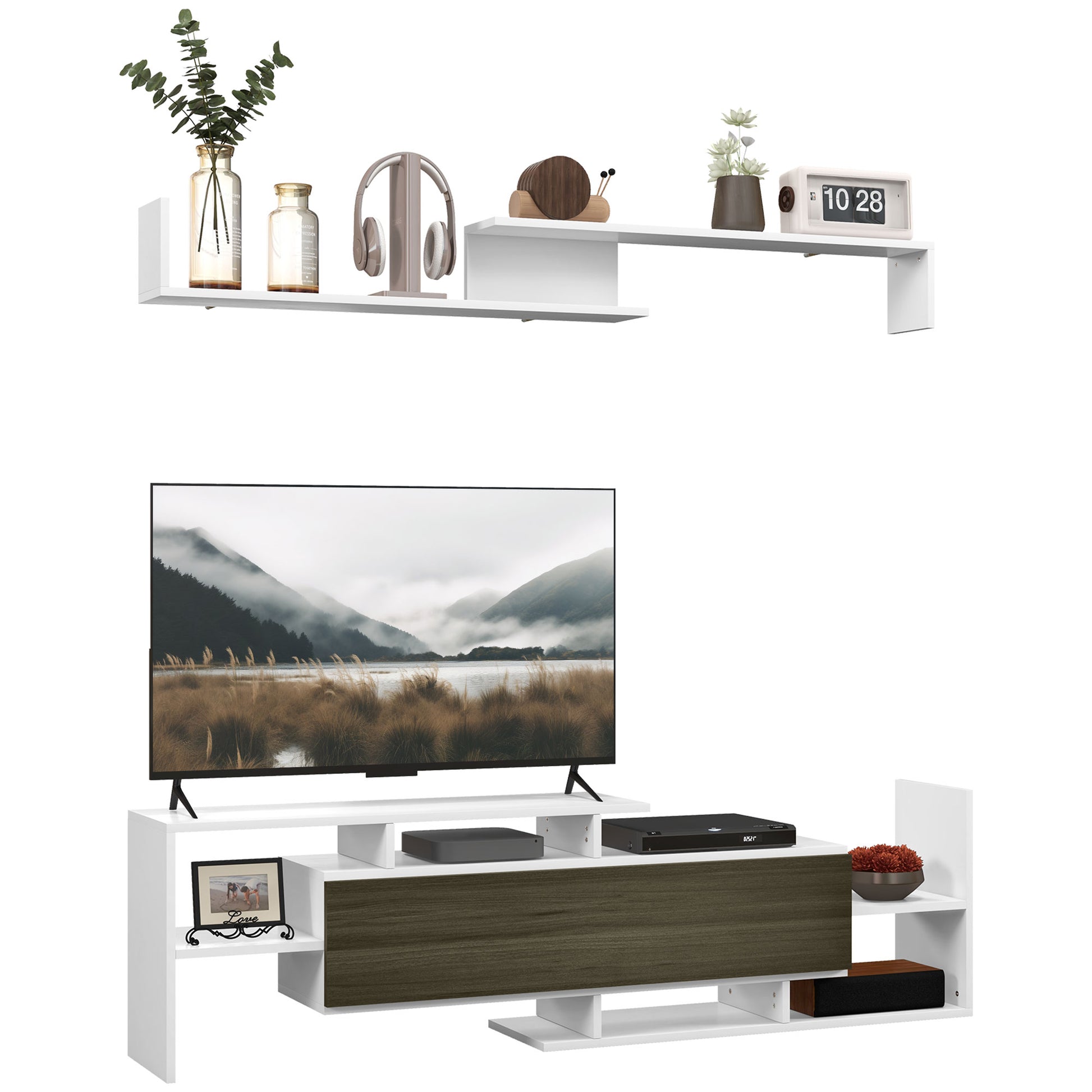 Wall-Mounted TV Stand with Open Shelves and Wooden Cabinet, Modern TV Stand for Living Room and Bedroom, Black and White