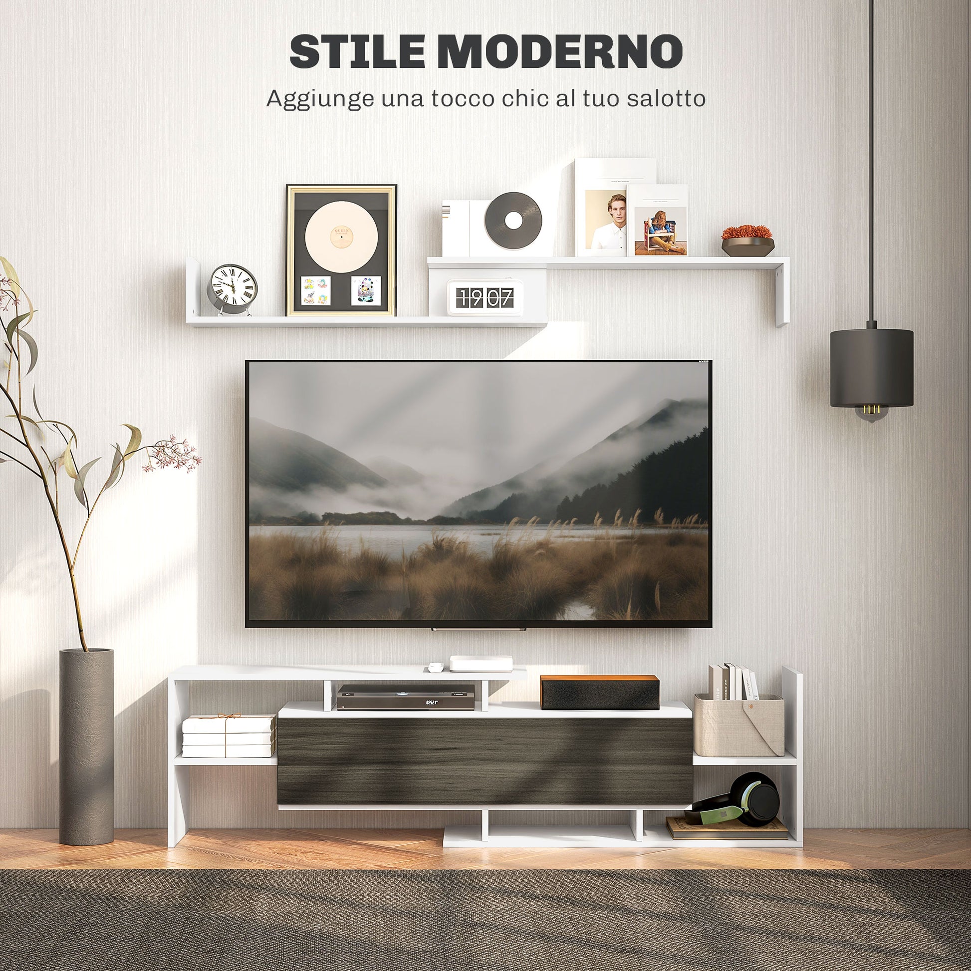 Wall-Mounted TV Stand with Open Shelves and Wooden Cabinet, Modern TV Stand for Living Room and Bedroom, Black and White