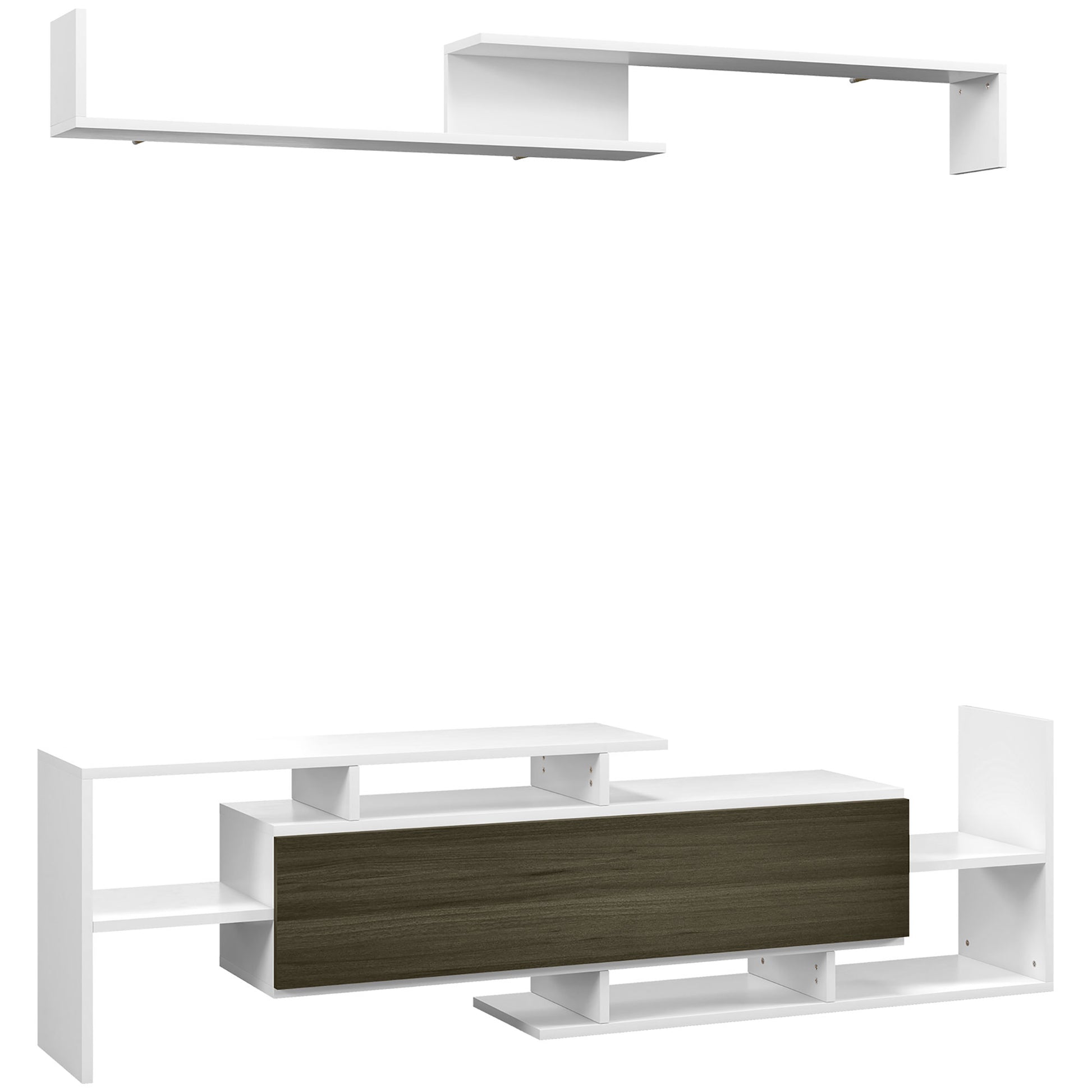 Wall-Mounted TV Stand with Open Shelves and Wooden Cabinet, Modern TV Stand for Living Room and Bedroom, Black and White
