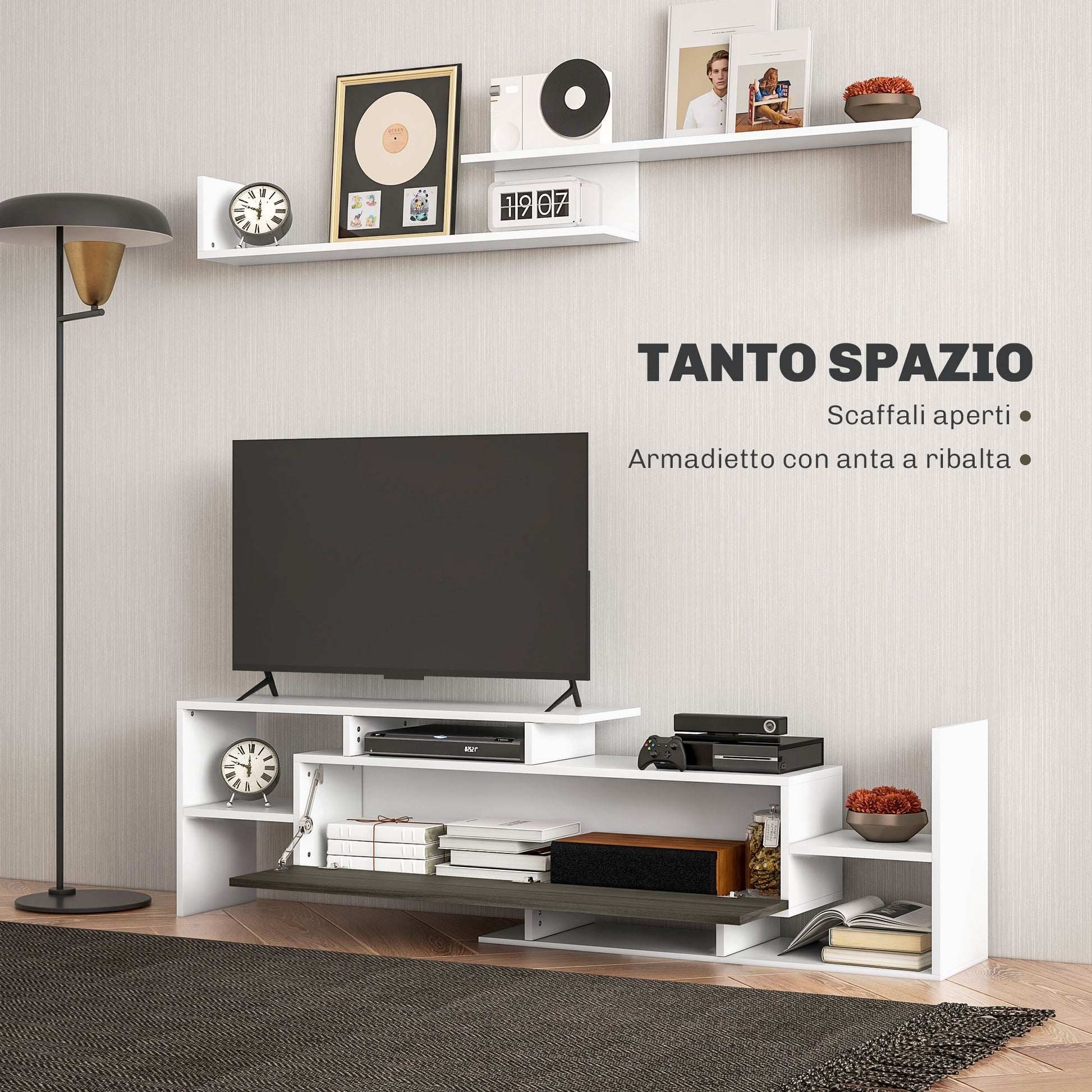 Wall-Mounted TV Stand with Open Shelves and Wooden Cabinet, Modern TV Stand for Living Room and Bedroom, Black and White