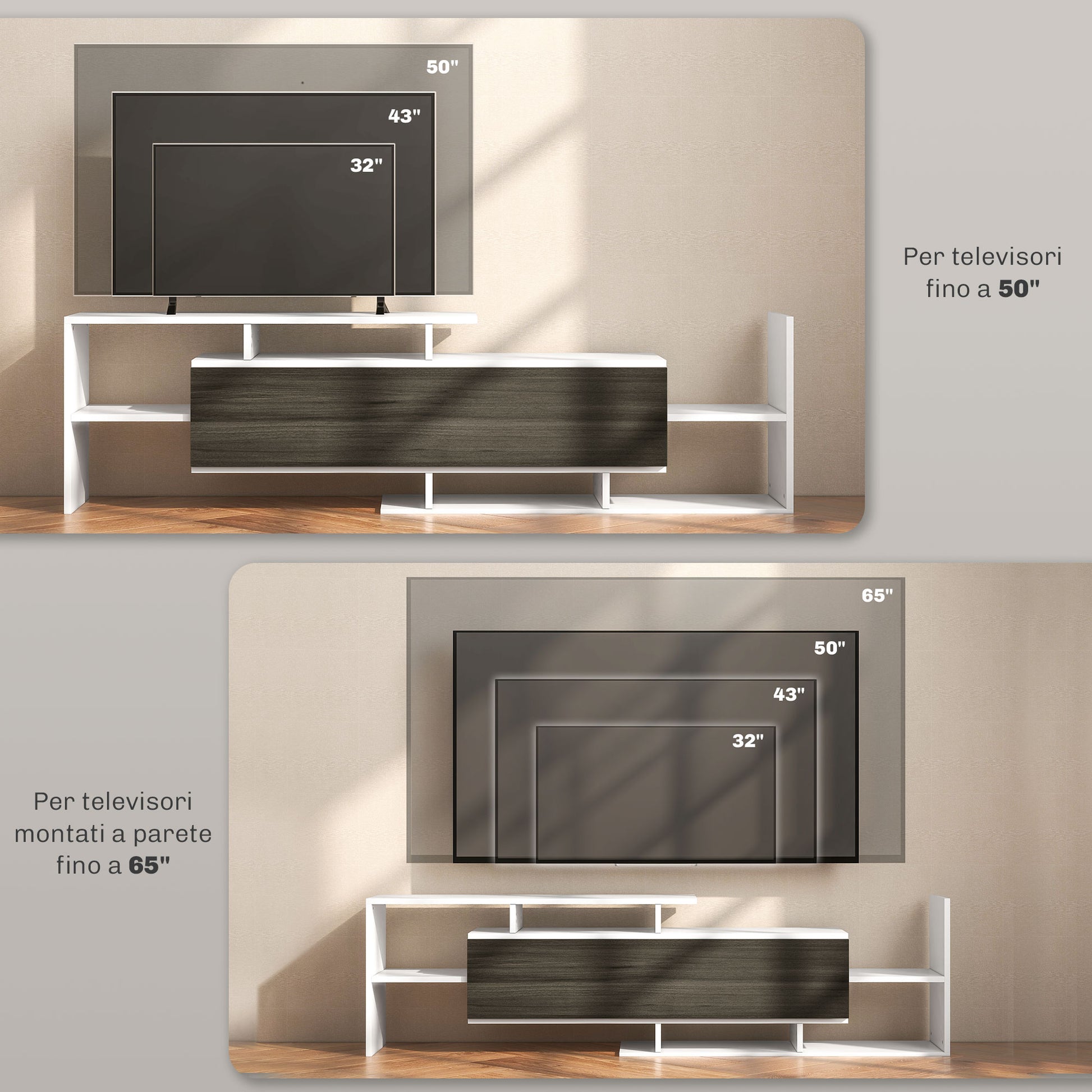 Wall-Mounted TV Stand with Open Shelves and Wooden Cabinet, Modern TV Stand for Living Room and Bedroom, Black and White