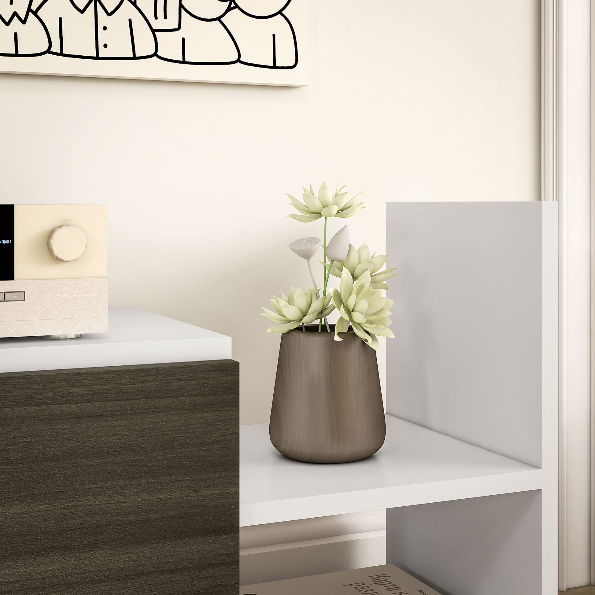 Wall-Mounted TV Stand with Open Shelves and Wooden Cabinet, Modern TV Stand for Living Room and Bedroom, Black and White