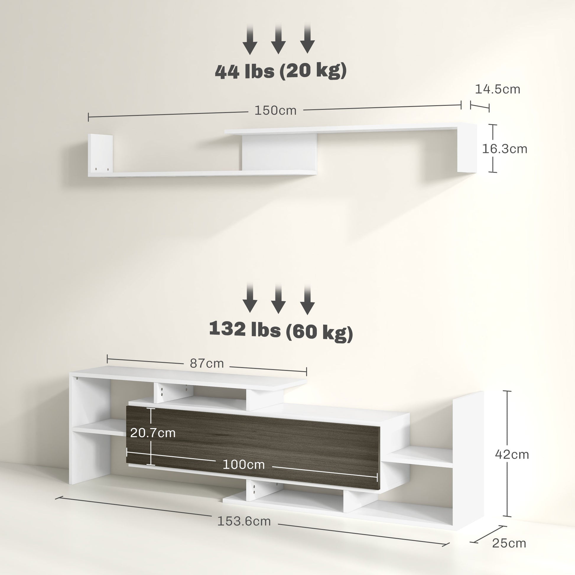 Wall-Mounted TV Stand with Open Shelves and Wooden Cabinet, Modern TV Stand for Living Room and Bedroom, Black and White