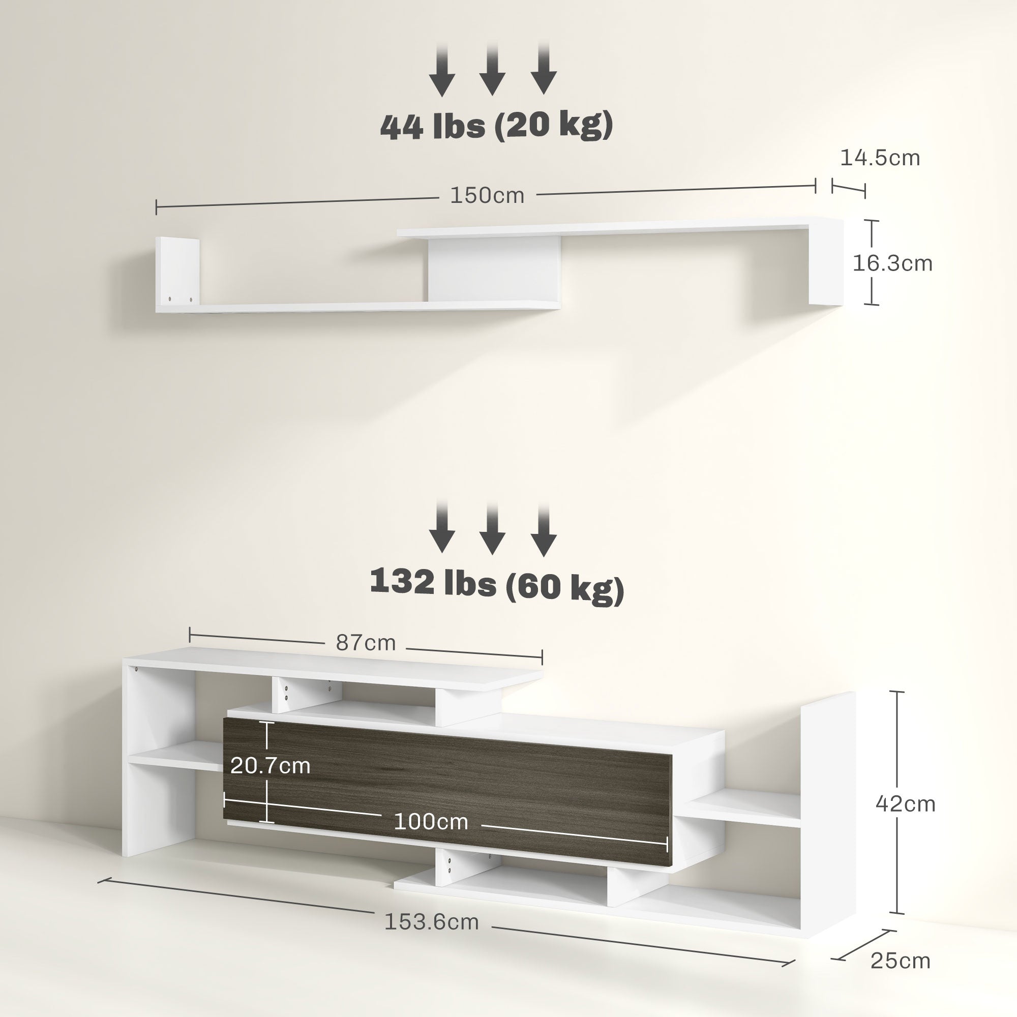 Wall-Mounted TV Stand with Open Shelves and Wooden Cabinet, Modern TV Stand for Living Room and Bedroom, Black and White