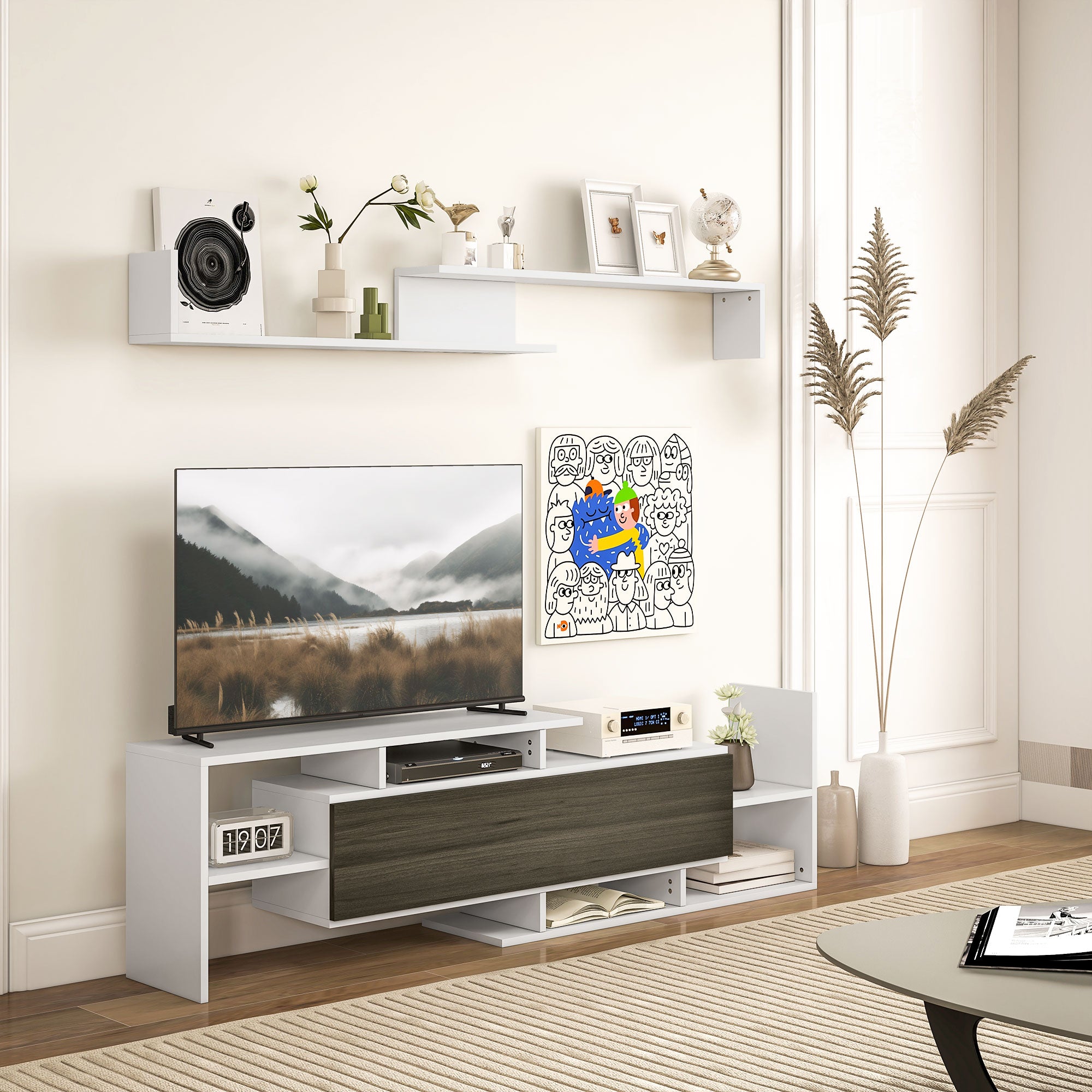 Wall-Mounted TV Stand with Open Shelves and Wooden Cabinet, Modern TV Stand for Living Room and Bedroom, Black and White