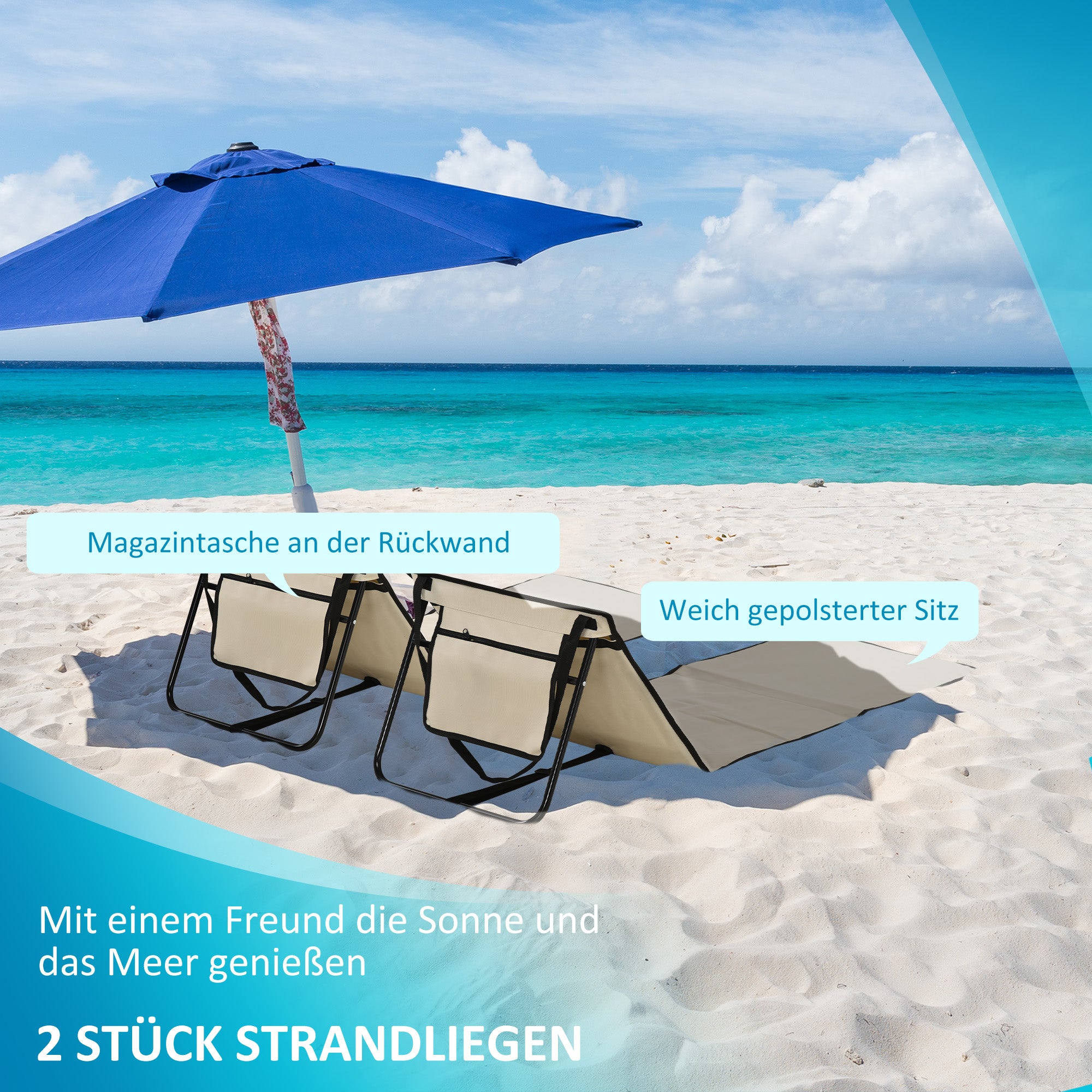 2-Pack Beach Mat, Foldable Beach Lounger with Carrying Bag, Adjustable Reclining Chair, Sun Lounger 110 kg Capacity, Beach Mattress, Magazine Pocket for Outdoor Garden, Beige