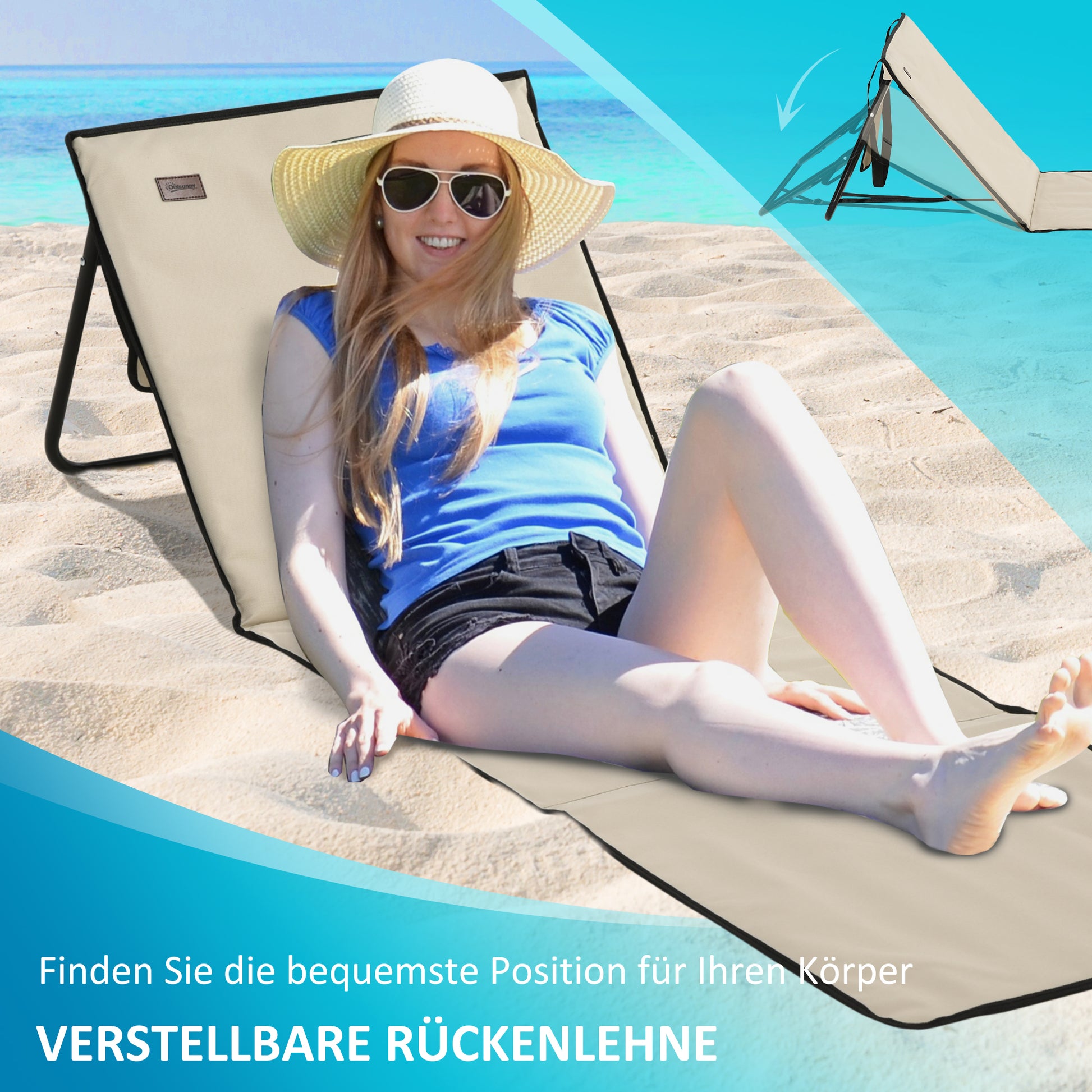 2-Pack Beach Mat, Foldable Beach Lounger with Carrying Bag, Adjustable Reclining Chair, Sun Lounger 110 kg Capacity, Beach Mattress, Magazine Pocket for Outdoor Garden, Beige
