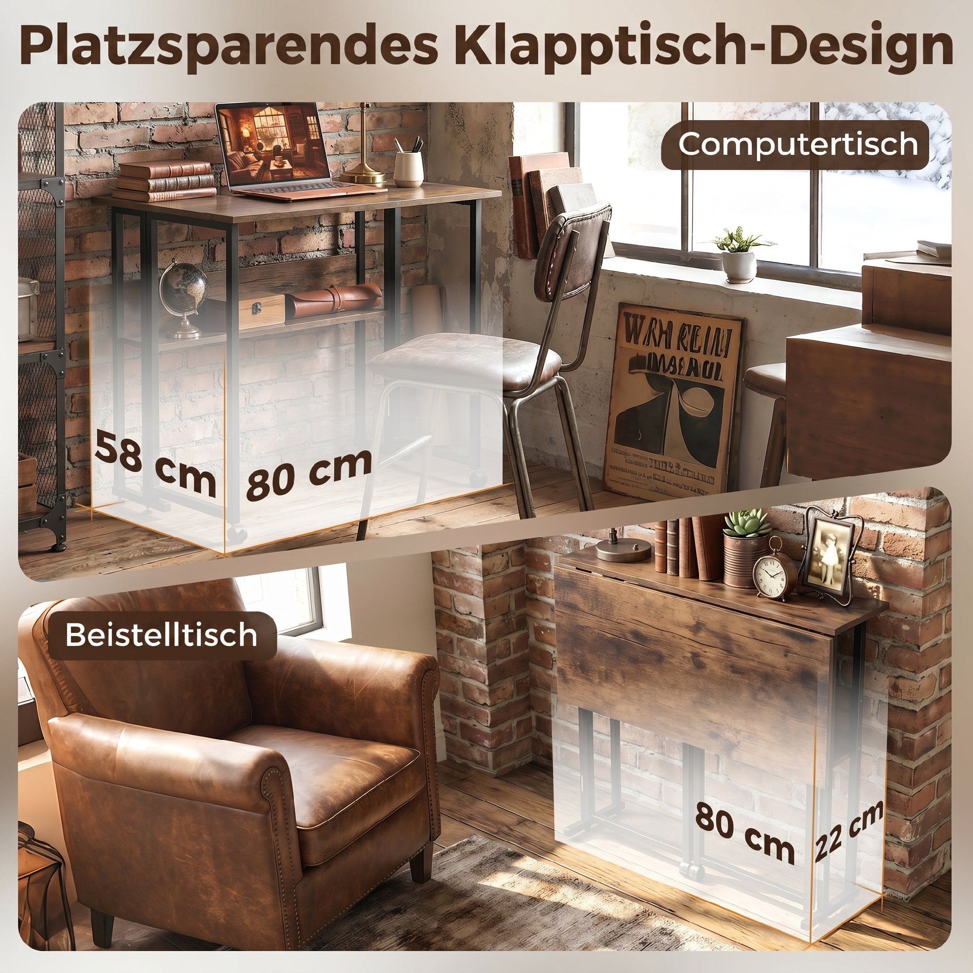 Folding Desk with Shelf, 31.5 in Computer Table for Small Spaces — Industrial Folding Desk on Wheels, Easy Assembly, Rustic Brown