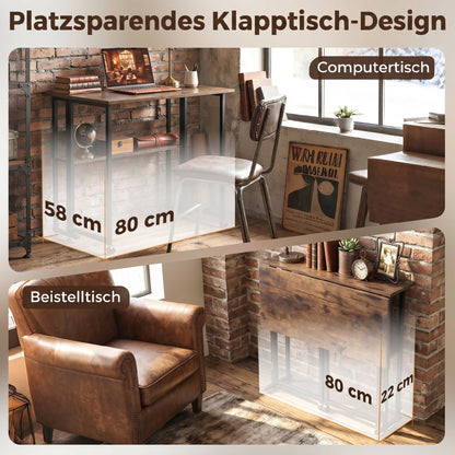 Folding Desk with Shelf, 31.5 in Computer Table for Small Spaces — Industrial Folding Desk on Wheels, Easy Assembly, Rustic Brown