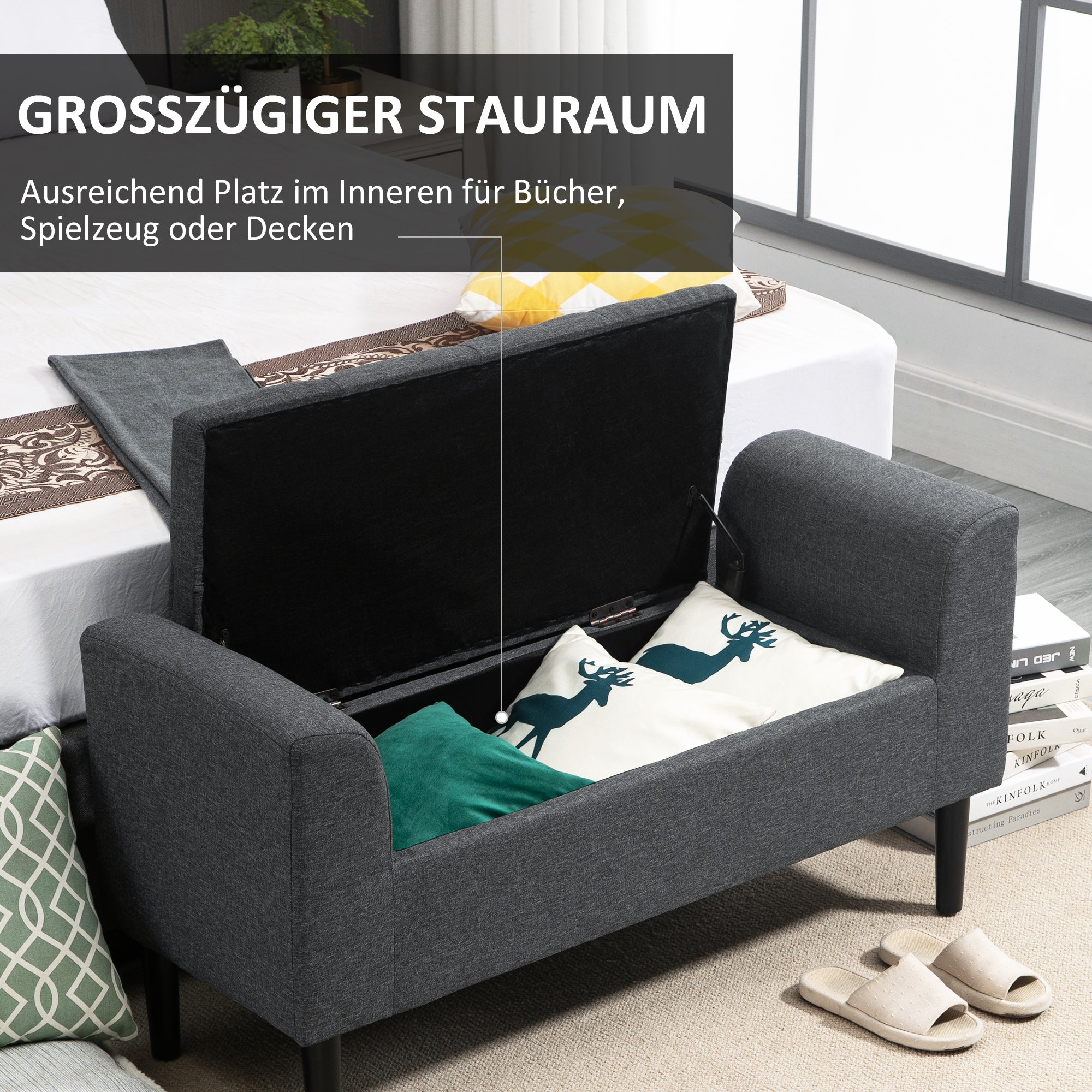 Storage Ottoman Stool, Upholstered Bench with Linen-Like Fabric, Wooden Legs, Bed Bench for Living Room Bedroom Hallway, 116 x 44 x 58 cm Dark Grey