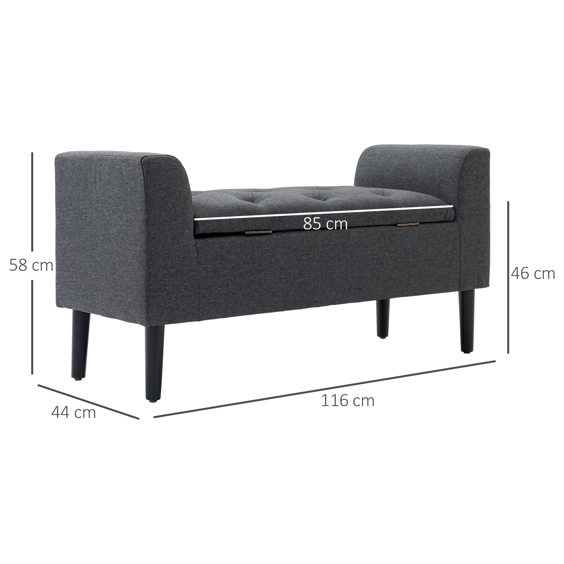 Storage Ottoman Stool, Upholstered Bench with Linen-Like Fabric, Wooden Legs, Bed Bench for Living Room Bedroom Hallway, 116 x 44 x 58 cm Dark Grey