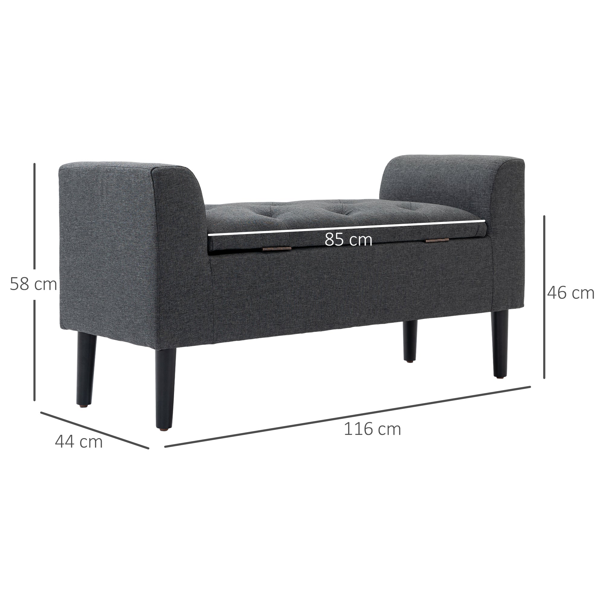 Storage Ottoman Stool, Upholstered Bench with Linen-Like Fabric, Wooden Legs, Bed Bench for Living Room Bedroom Hallway, 116 x 44 x 58 cm Dark Grey