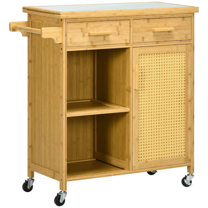 Kitchen Trolley with Drawer, Cabinet, Open Shelves, Serving Trolley, Storage Trolley with Towel Holder, Glass Tabletop, Bamboo, Natural, 84 x 36 x 85 cm