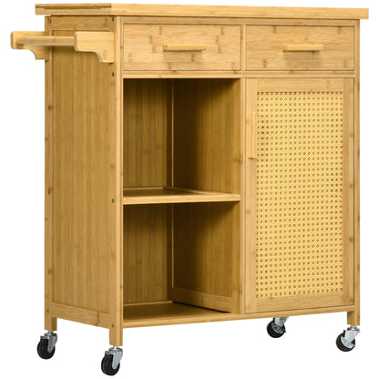 Kitchen Trolley with Drawer, Cabinet, Open Shelves, Serving Trolley, Storage Trolley with Towel Holder, Glass Tabletop, Bamboo, Natural, 84 x 36 x 85 cm