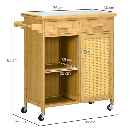 Kitchen Trolley with Drawer, Cabinet, Open Shelves, Serving Trolley, Storage Trolley with Towel Holder, Glass Tabletop, Bamboo, Natural, 84 x 36 x 85 cm