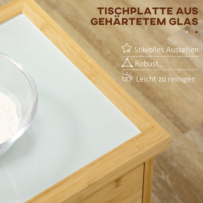 Kitchen Trolley with Drawer, Cabinet, Open Shelves, Serving Trolley, Storage Trolley with Towel Holder, Glass Tabletop, Bamboo, Natural, 84 x 36 x 85 cm