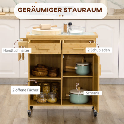 Kitchen Trolley with Drawer, Cabinet, Open Shelves, Serving Trolley, Storage Trolley with Towel Holder, Glass Tabletop, Bamboo, Natural, 84 x 36 x 85 cm