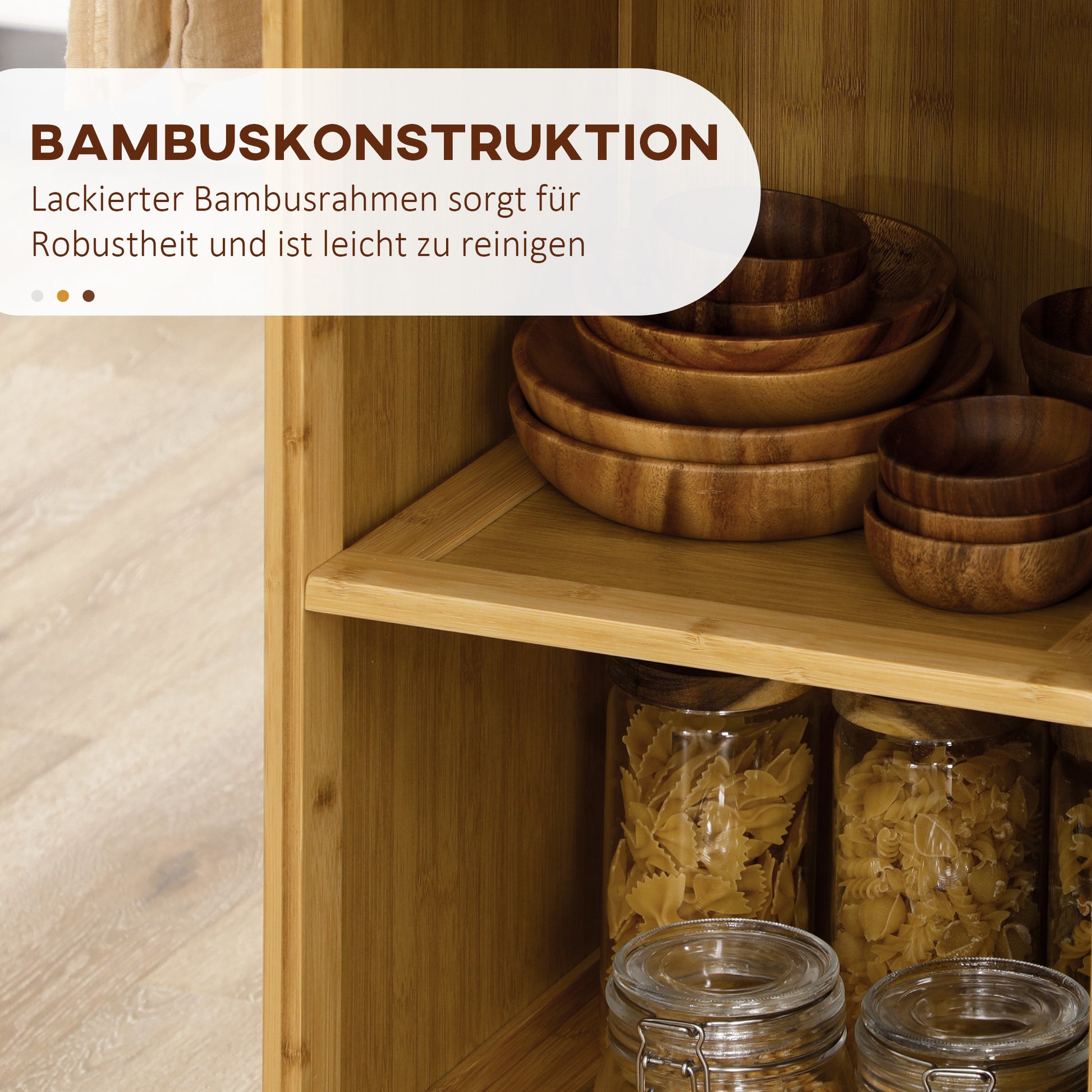 Kitchen Trolley with Drawer, Cabinet, Open Shelves, Serving Trolley, Storage Trolley with Towel Holder, Glass Tabletop, Bamboo, Natural, 84 x 36 x 85 cm