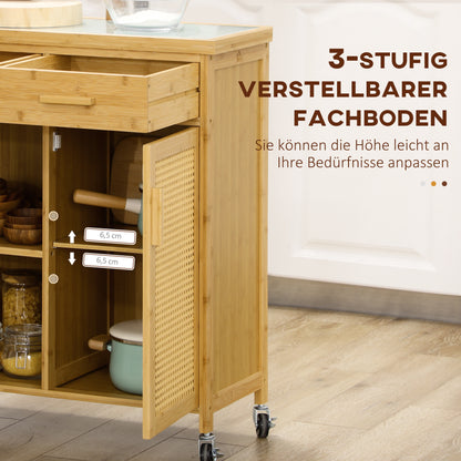 Kitchen Trolley with Drawer, Cabinet, Open Shelves, Serving Trolley, Storage Trolley with Towel Holder, Glass Tabletop, Bamboo, Natural, 84 x 36 x 85 cm