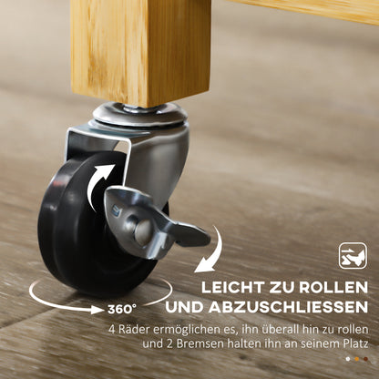 Kitchen Trolley with Drawer, Cabinet, Open Shelves, Serving Trolley, Storage Trolley with Towel Holder, Glass Tabletop, Bamboo, Natural, 84 x 36 x 85 cm