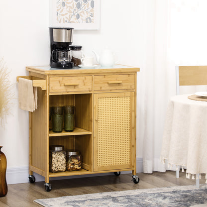 Kitchen Trolley with Drawer, Cabinet, Open Shelves, Serving Trolley, Storage Trolley with Towel Holder, Glass Tabletop, Bamboo, Natural, 84 x 36 x 85 cm