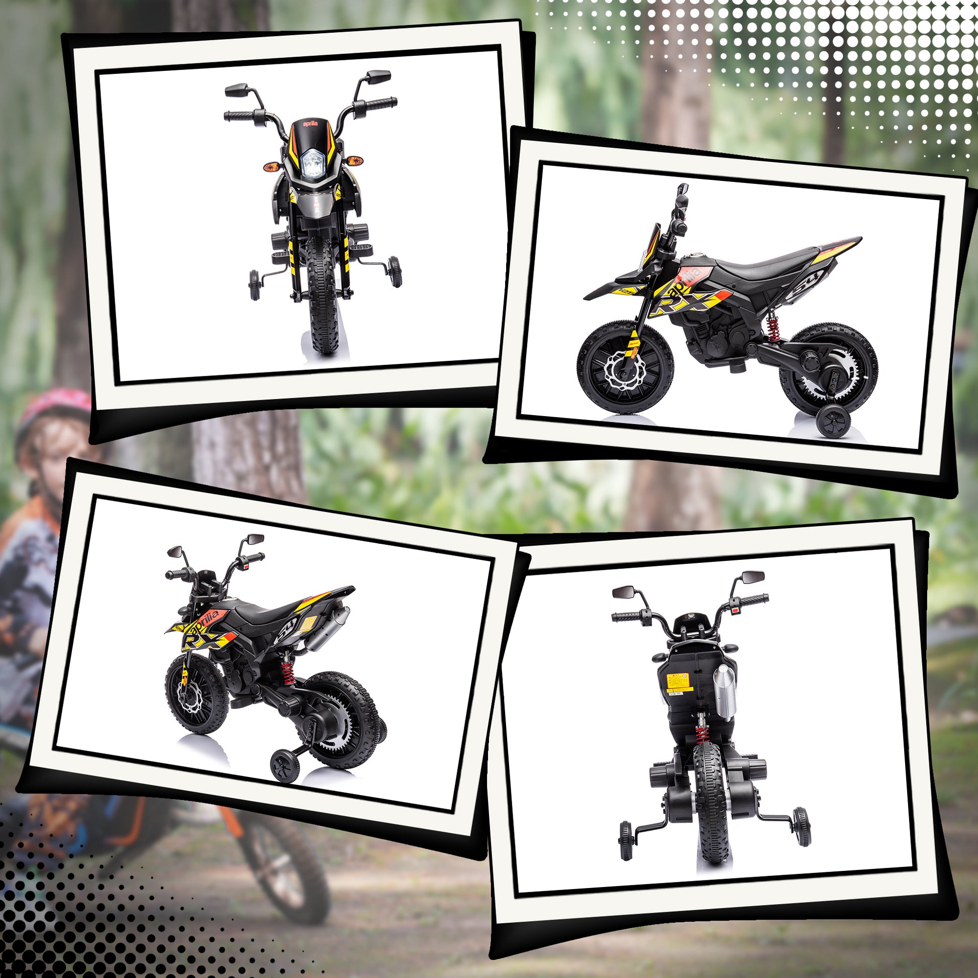 Electric Kids Motorcycle Aprilia Electric Bike with USB, Training Wheels, Music, Headlights, Children 6 km/h Electric Bike with 2 Training Wheels for Kids 3-8 Years Yellow