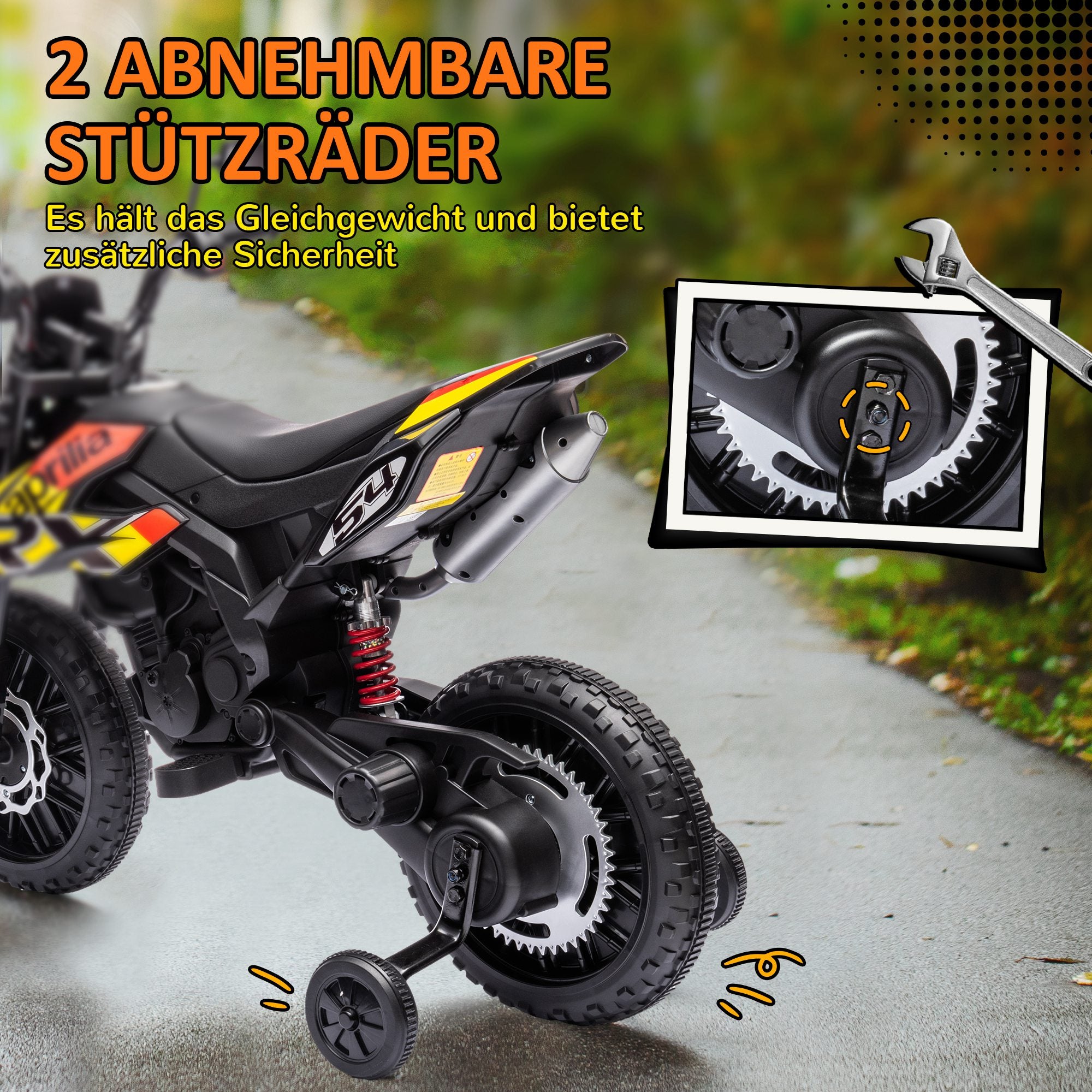 Electric Kids Motorcycle Aprilia Electric Bike with USB, Training Wheels, Music, Headlights, Children 6 km/h Electric Bike with 2 Training Wheels for Kids 3-8 Years Yellow