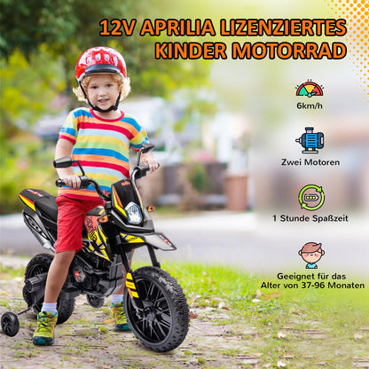 Electric Kids Motorcycle Aprilia Electric Bike with USB, Training Wheels, Music, Headlights, Children 6 km/h Electric Bike with 2 Training Wheels for Kids 3-8 Years Yellow