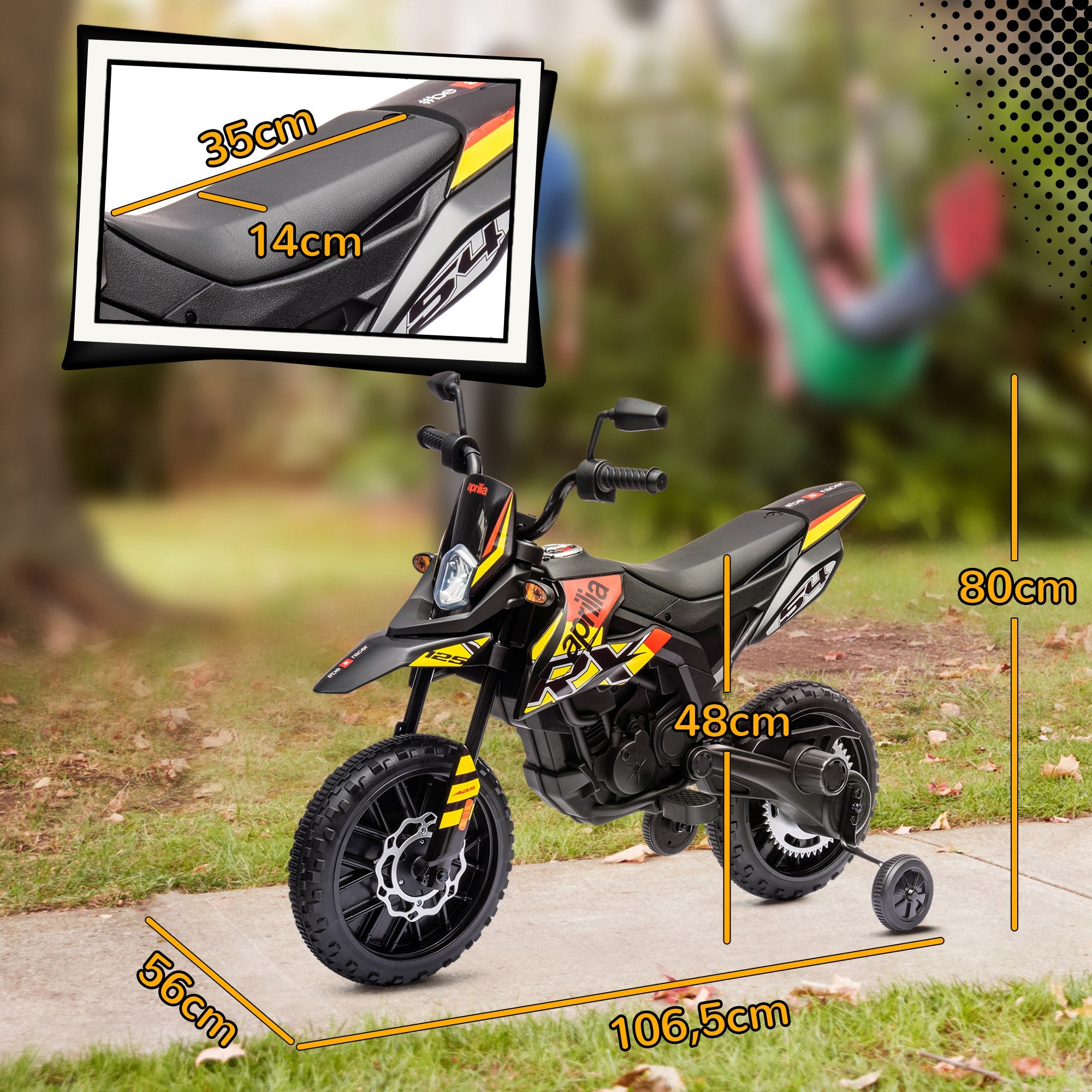 Electric Kids Motorcycle Aprilia Electric Bike with USB, Training Wheels, Music, Headlights, Children 6 km/h Electric Bike with 2 Training Wheels for Kids 3-8 Years Yellow