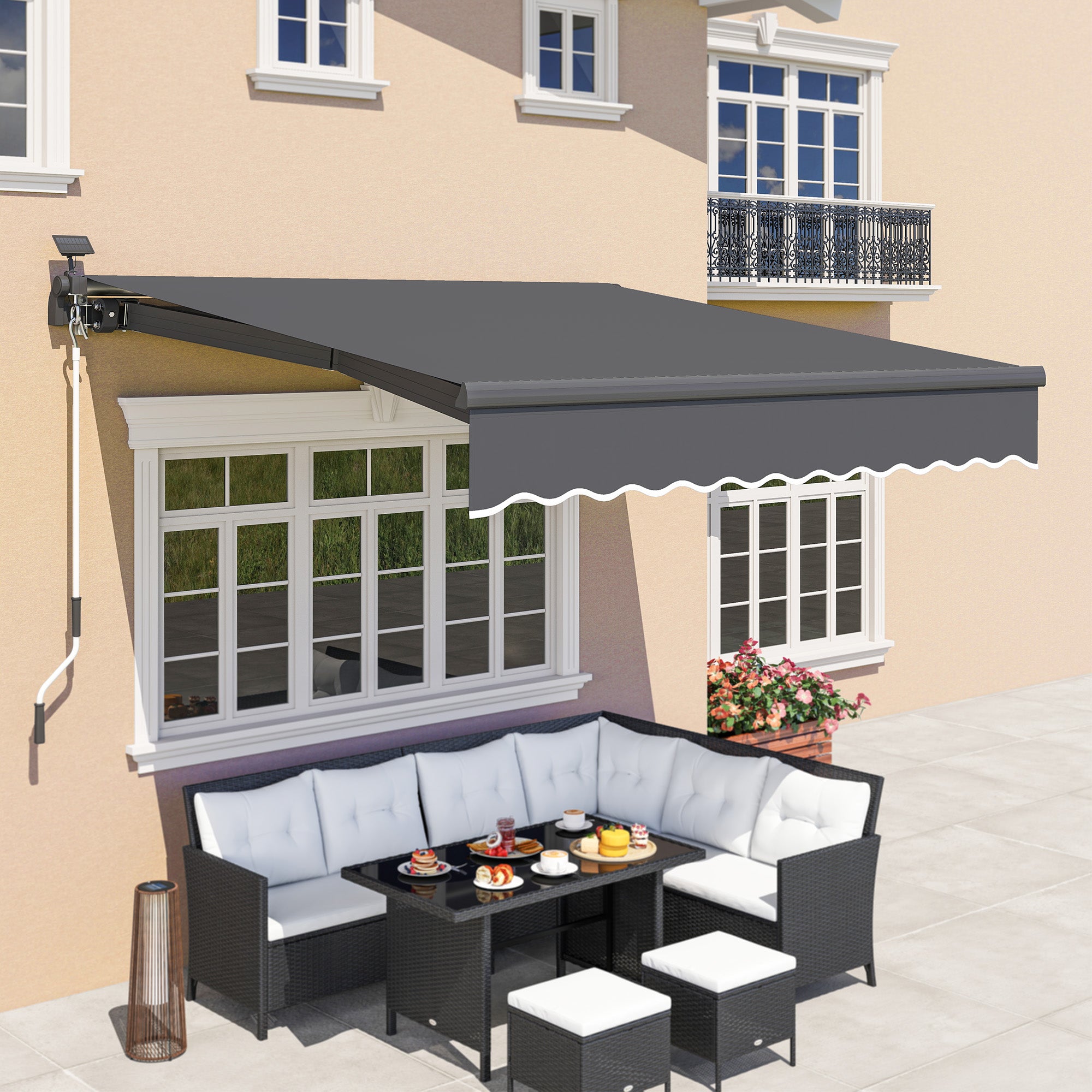 Clamp Awning with Hand Crank Solar Lighted Retractable Awning Awning Sun Protection UV 50+, Balcony Awning incl. Wall Mounting Sun Awning 300 cm wide for Terrace Balcony Porch, Gray