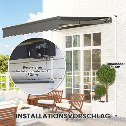 Clamp Awning with Hand Crank Solar Lighted Retractable Awning Awning Sun Protection UV 50+, Balcony Awning incl. Wall Mounting Sun Awning 300 cm wide for Terrace Balcony Porch, Gray
