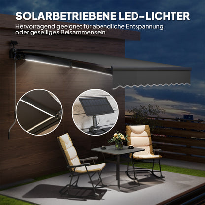 Clamp Awning with Hand Crank Solar Lighted Retractable Awning Awning Sun Protection UV 50+, Balcony Awning incl. Wall Mounting Sun Awning 300 cm wide for Terrace Balcony Porch, Gray