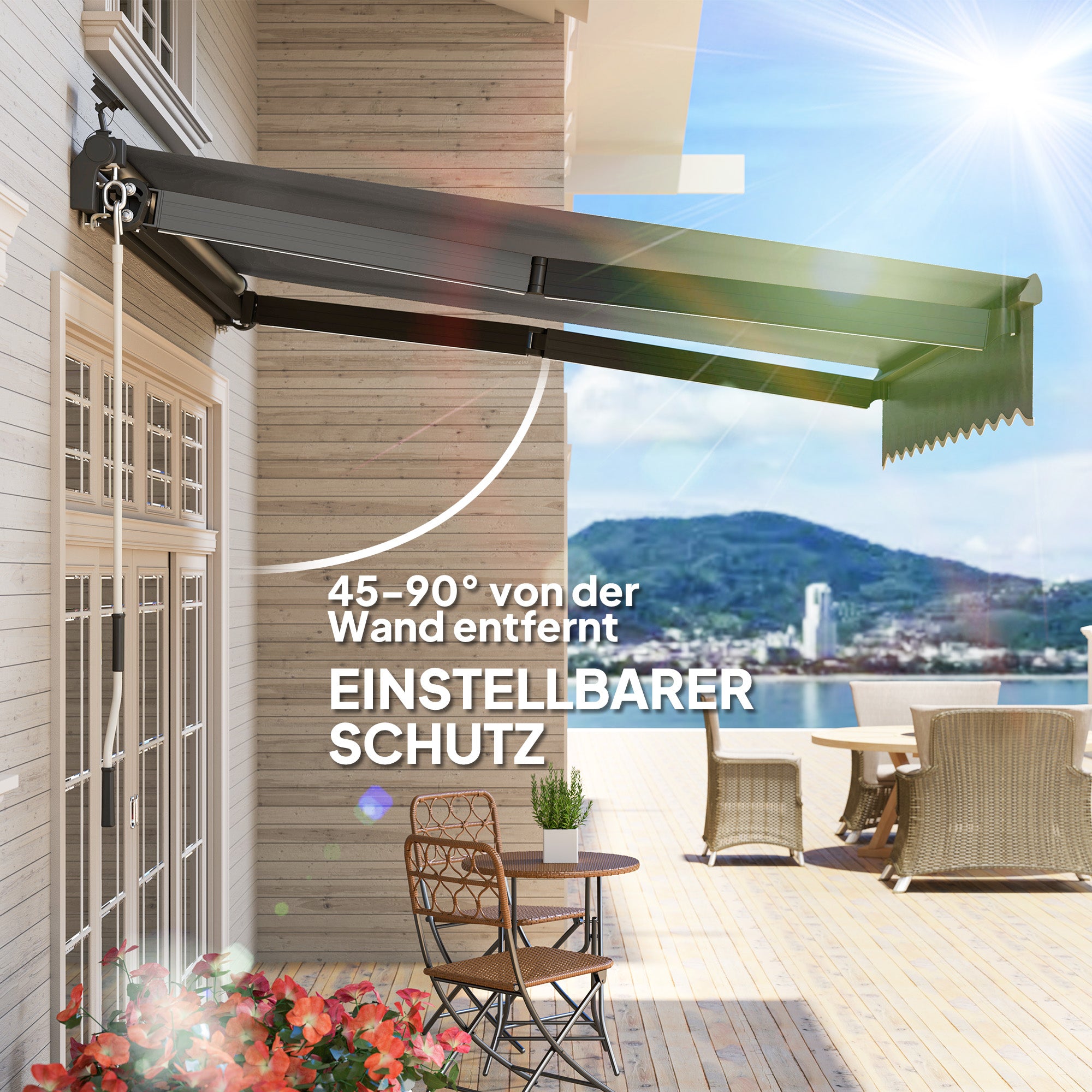 Clamp Awning with Hand Crank Solar Lighted Retractable Awning Awning Sun Protection UV 50+, Balcony Awning incl. Wall Mounting Sun Awning 300 cm wide for Terrace Balcony Porch, Gray