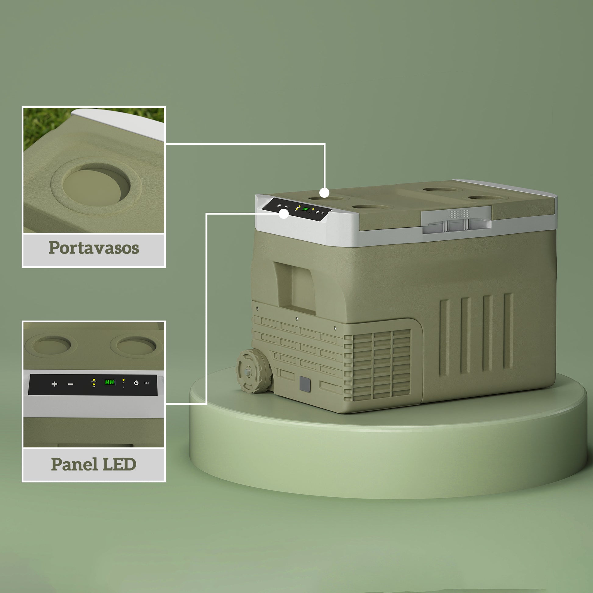Portable Electric Cooler 30L Car Refrigerator -20°C to +20°C 12V/24V Mini Fridge with Wheels Compressor Touch LED Display for Home Camping Travel Car 61x39x41.5 cm Green