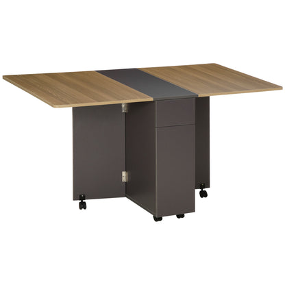 Folding dining table on wheels with storage 2 drawers and 1 cupboard 76 x 140 x 74 cm grey and natural wood