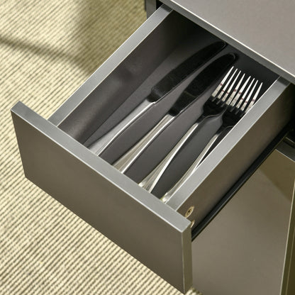 Folding dining table on wheels with storage 2 drawers and 1 cupboard 76 x 140 x 74 cm grey and natural wood