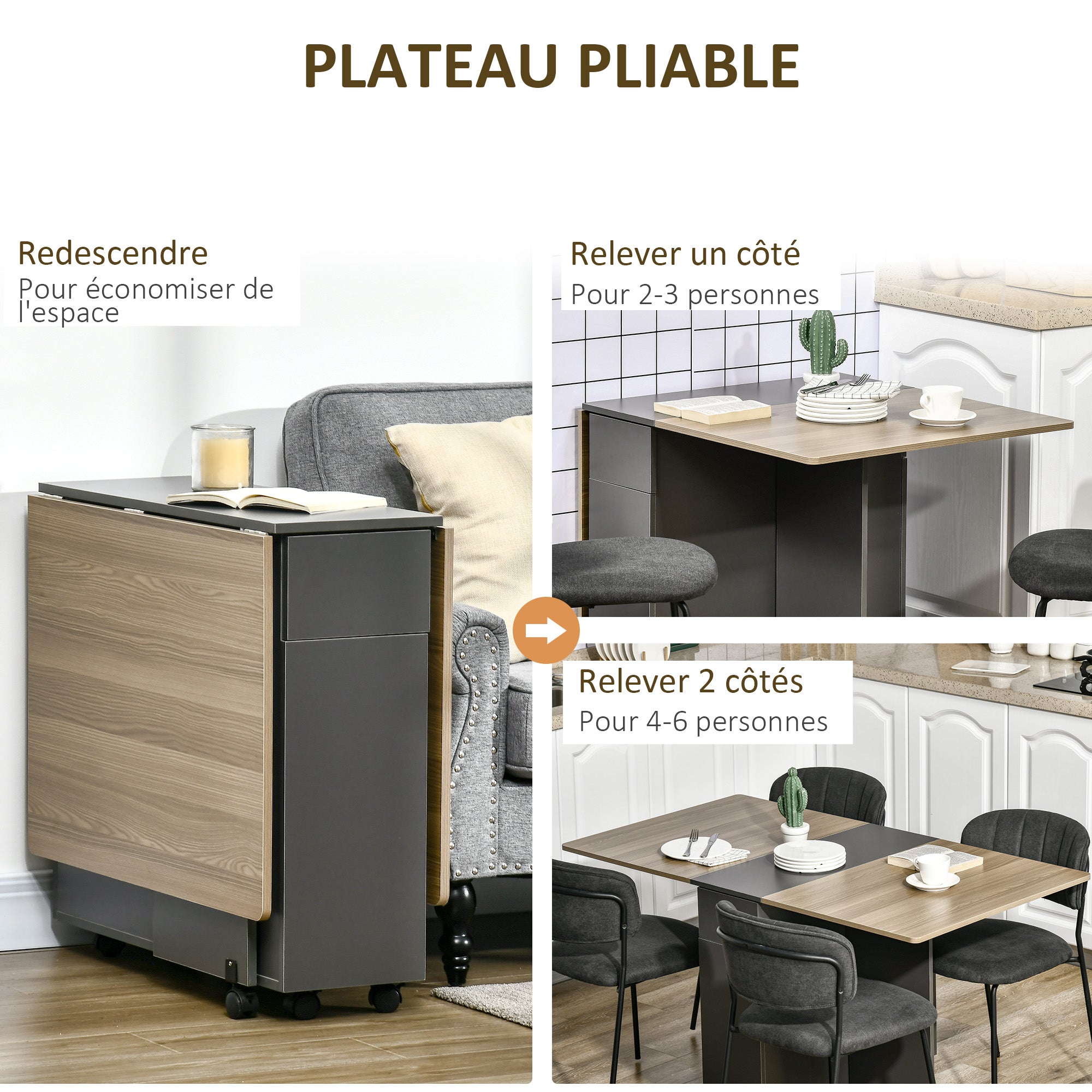 Folding dining table on wheels with storage 2 drawers and 1 cupboard 76 x 140 x 74 cm grey and natural wood