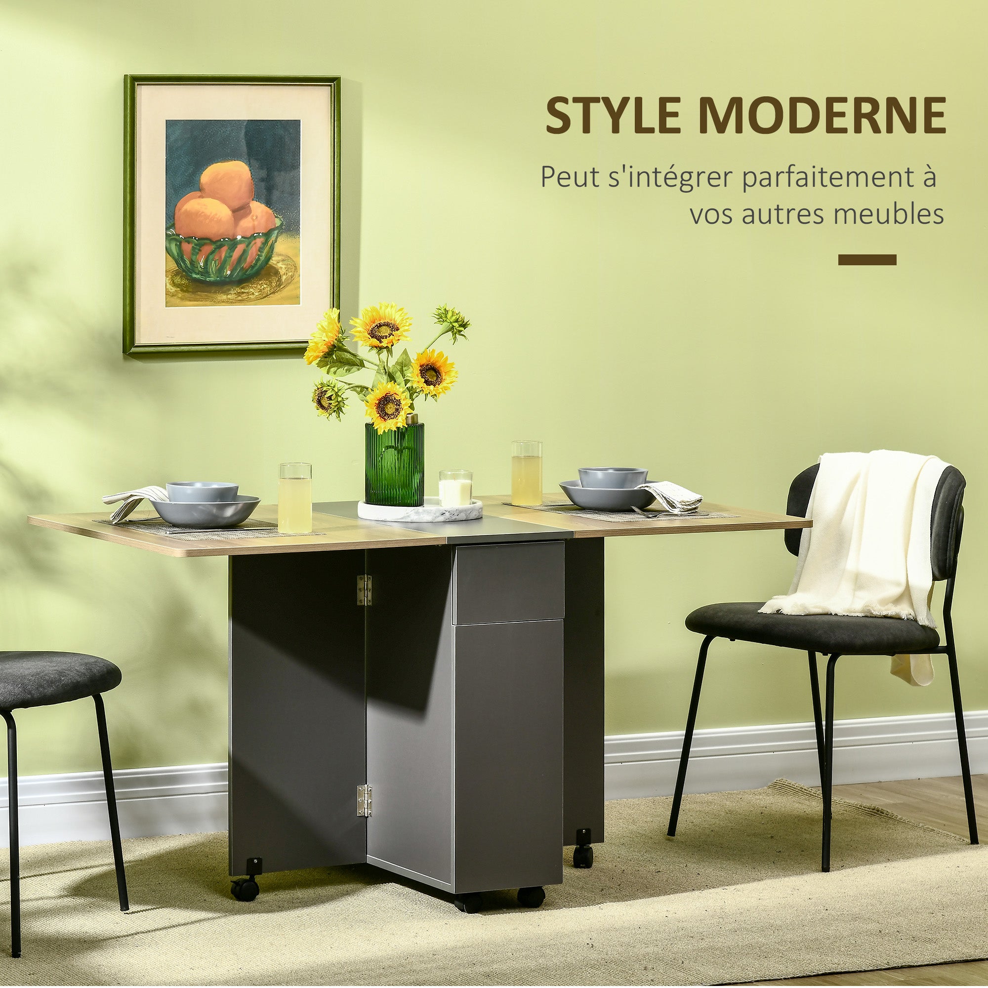 Folding dining table on wheels with storage 2 drawers and 1 cupboard 76 x 140 x 74 cm grey and natural wood