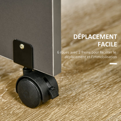 Folding dining table on wheels with storage 2 drawers and 1 cupboard 76 x 140 x 74 cm grey and natural wood