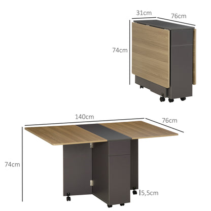 Folding dining table on wheels with storage 2 drawers and 1 cupboard 76 x 140 x 74 cm grey and natural wood