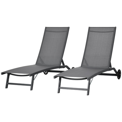 Pack of 2 Outdoor Garden Loungers Reclining Aluminum Loungers with Adjustable 5 Levels Backrest and Wheels for Beach Pool 165x66x102 cm Dark Gray