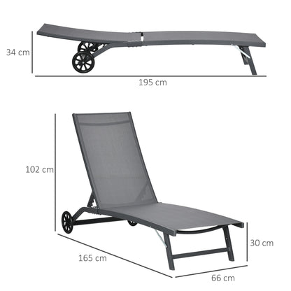 Pack of 2 Outdoor Garden Loungers Reclining Aluminum Loungers with Adjustable 5 Levels Backrest and Wheels for Beach Pool 165x66x102 cm Dark Gray