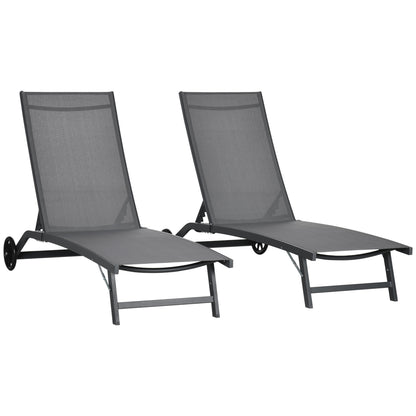 Pack of 2 Outdoor Garden Loungers Reclining Aluminum Loungers with Adjustable 5 Levels Backrest and Wheels for Beach Pool 165x66x102 cm Dark Gray